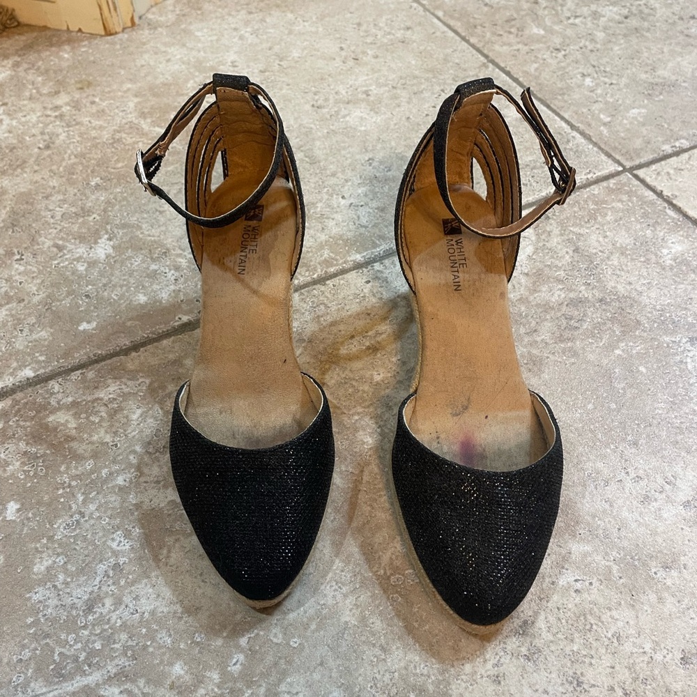 White Mountain Sparkly Black Ankle Strap Heels. Size 7.